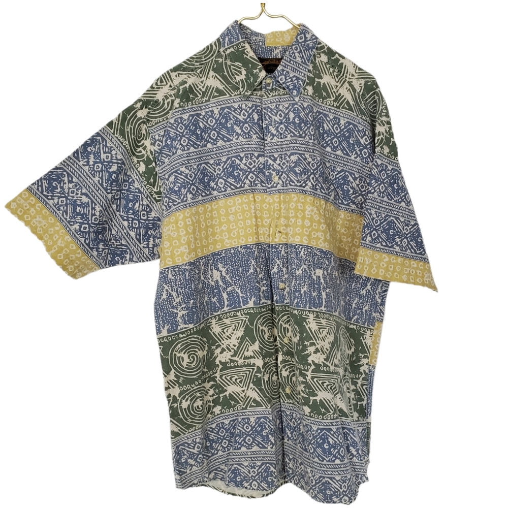 Vintage Patterned Eddie Bauer Short Sleeve Button Down Casual Shirt Linen Blend